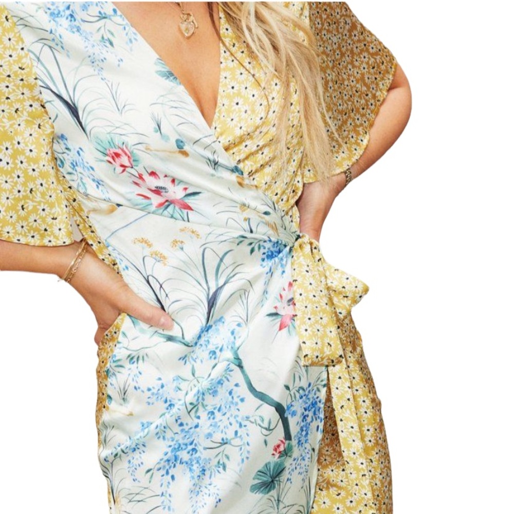 Never Fully Dressed Yellow and White Midi Floral Wrap Tie Dress Size 4